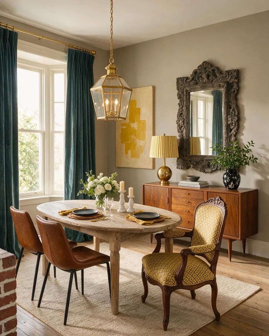 A dining room with a round rustic stone table, mixed dining chairs in tan leather and patterned yellow upholstery, and a brass lantern pendant hanging overhead. Deep teal curtains frame a bright window, while an ornate carved mirror, warm wood sideboard, abstract wall art, and a small floral arrangement complete the eclectic look.