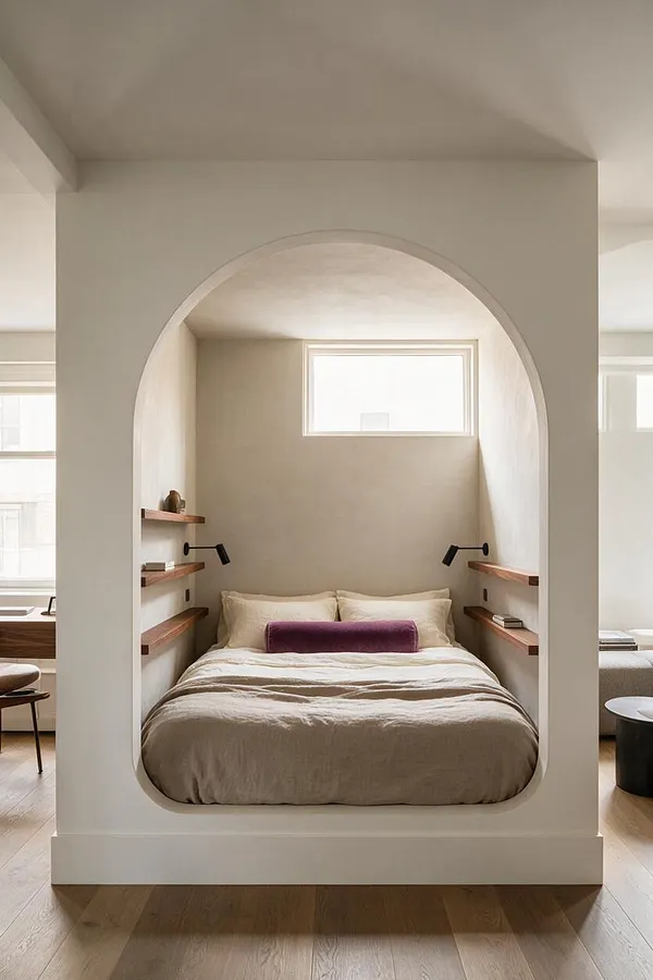 A modern studio apartment features a bed tucked into a rounded arched alcove framed by smooth white walls. The sleeping nook includes beige bedding, a plum bolster pillow, floating wooden shelves, black wall sconces, and a small horizontal window above the bed.
