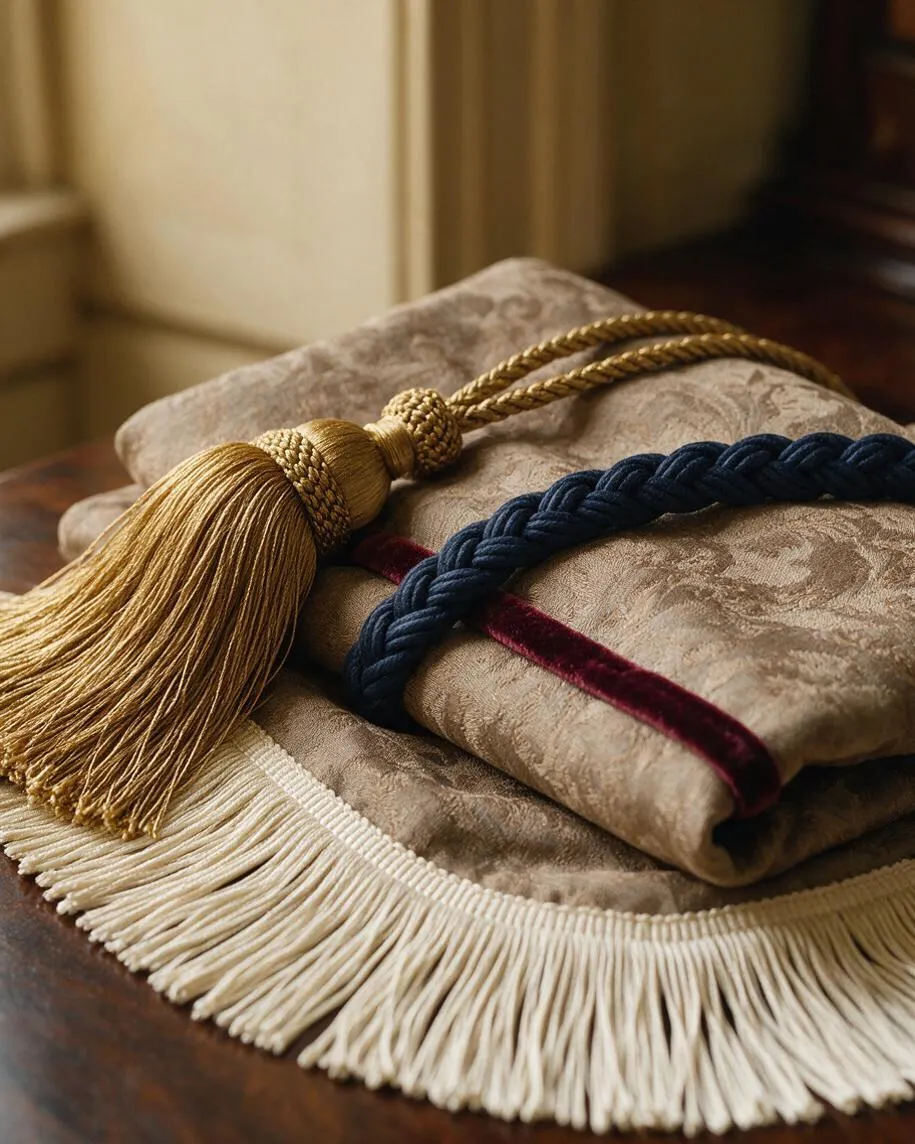 A folded set of traditional textiles rests on a polished wooden surface. The fabric features a muted damask pattern with velvet trim, paired with braided gold and navy tiebacks and long cream fringe accents.