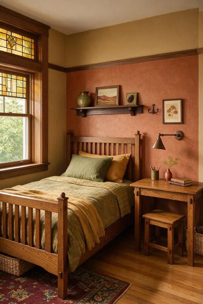 A cozy kids' room in Craftsman style featuring a wooden bed with slatted headboard and footboard, green bedding, and a small oak desk with a stool. The room includes stained glass window accents, warm terracotta walls, framed art, a wall-mounted reading lamp, and a hardwood floor with a patterned rug.