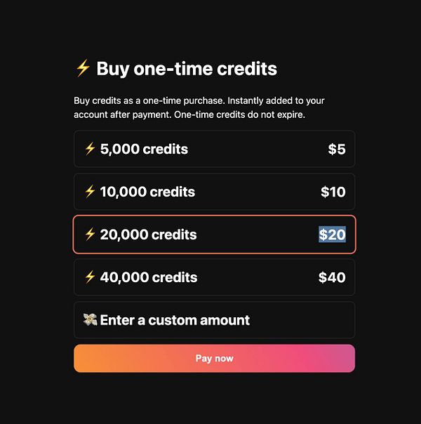 The image displays a credit purchase interface for a service, highlighting various credit tiers and their prices.