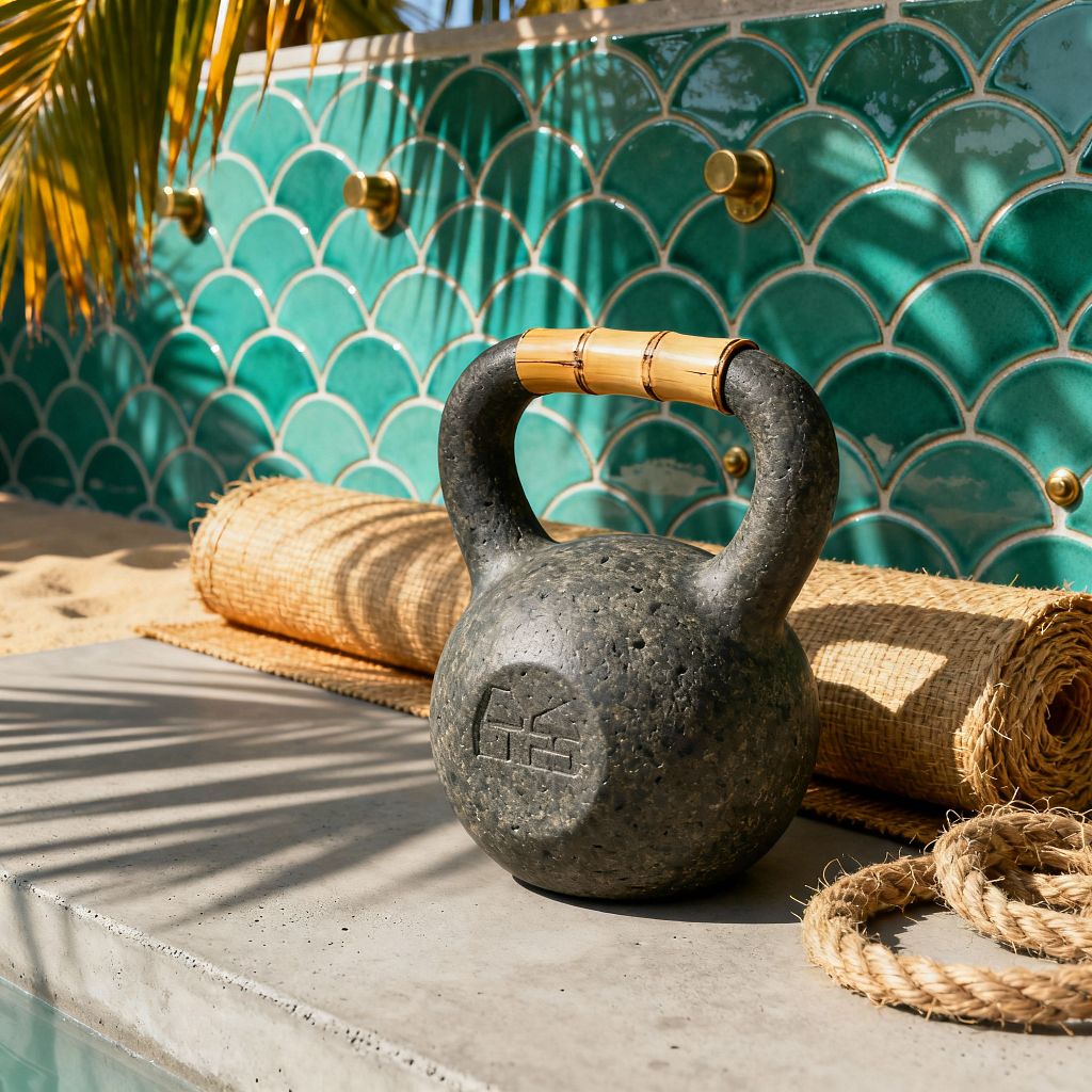 Close-up of a tropical home gym scene showing a dark stone kettlebell with a bamboo-wrapped handle on a concrete ledge, next to a rolled jute mat and a coiled sisal rope. Behind them is a wall of glossy teal scallop ceramic tiles with white grout and small brass hooks, with sunlight and palm-frond shadows falling across sand-dusted surfaces, suggesting an airy outdoor, poolside setting.