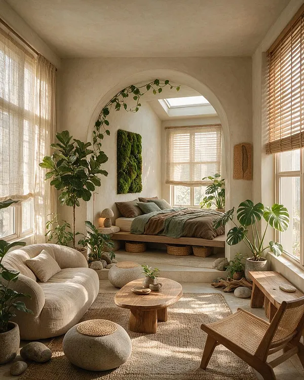 A warm studio apartment with a curved arch opening to a sleeping nook, surrounded by abundant green plants. The room features linen seating, a low wooden coffee table, woven textures, bamboo shades, and soft beige walls with natural daylight filling the space.