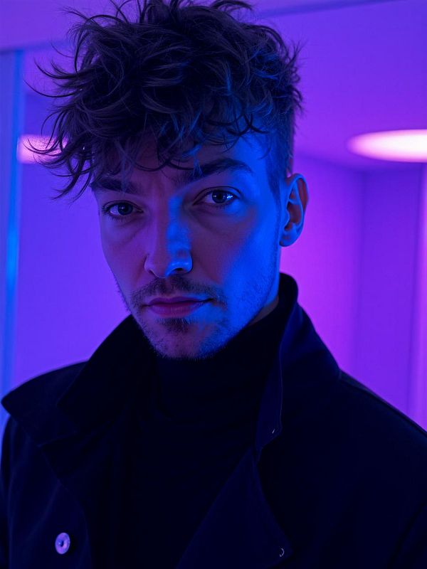 A close-up portrait of a young man with tousled hair, illuminated by vibrant purple and blue lighting.