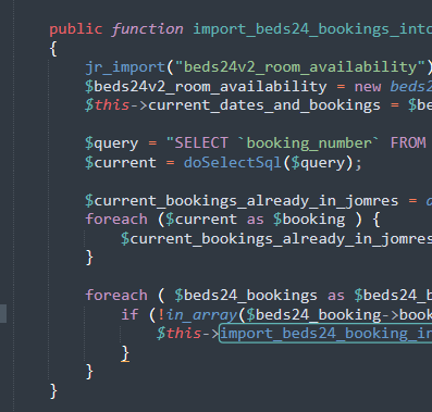 The image displays a code snippet from a PHP function related to importing bookings for a hotel channel manager.