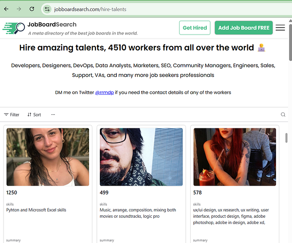 The image displays a webpage from JobBoardSearch showcasing profiles of job seekers with various skills.