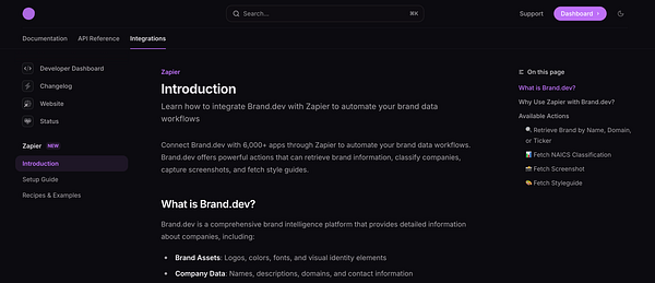 The image displays a user interface for integrating Brand.dev with Zapier, featuring an introduction and details about the platform's capabilities.