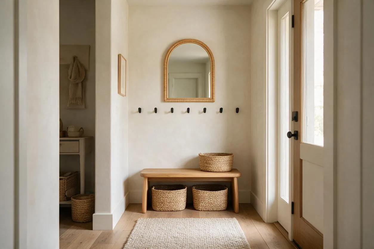 A serene mudroom with white plaster-like walls, a natural wood bench, and an arched rattan-framed mirror above a row of black hooks. Woven baskets are stored under and beside the bench, with a light wood floor, a soft neutral rug, and a glass-paneled door bringing in daylight.