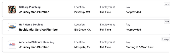 A list of new plumbing job postings with details about each position.