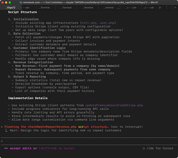 The image displays a terminal window showing a script structure for analyzing revenue data from Stripe.