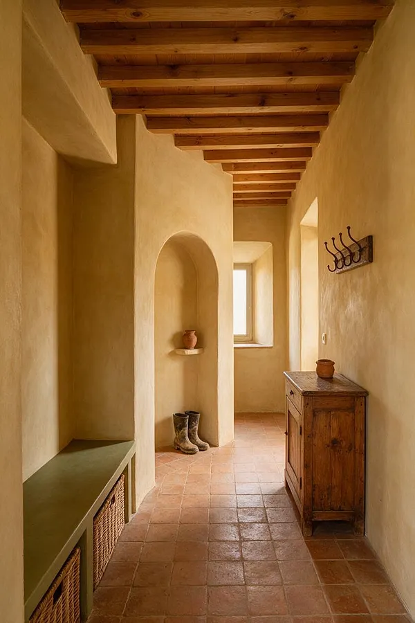 A narrow Mediterranean-style mudroom with warm plaster walls, terracotta floor tiles, and exposed wooden ceiling beams. The space includes a built-in bench with woven baskets, an arched wall niche holding pottery and boots, a wooden cabinet, and a dark metal wall hook rack near a small window.