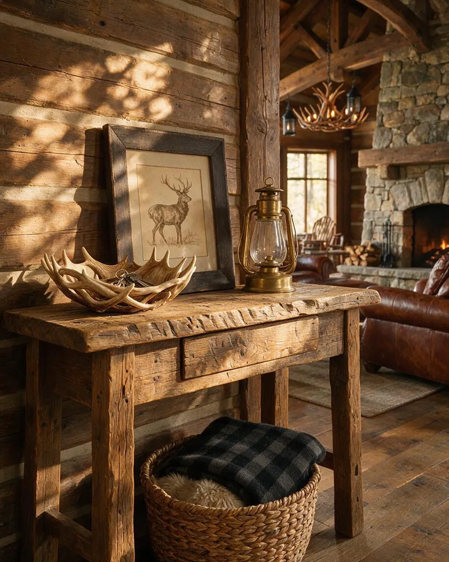 A rustic living room vignette features a rough-hewn wooden console table styled with a framed deer sketch, a metal-and-glass lantern, and an antler bowl. Behind it are log walls, a stone fireplace, leather seating, and warm sunlight casting tree-like shadows across the wood.