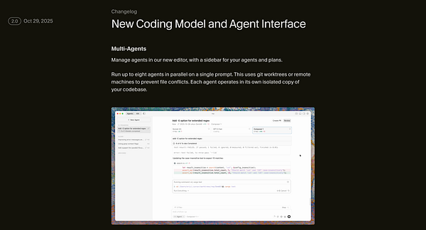 The image displays a changelog entry for Cursor 2.0, highlighting the new multi-agent feature in the coding model.