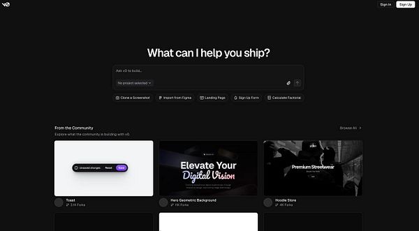 The image displays a dark-themed web interface for a platform called v0.dev.