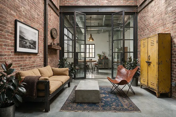 An industrial-style backyard seating area with exposed brick walls, black-framed glass double doors, and a concrete floor. The space includes a tan cushioned sofa, a leather butterfly chair, a concrete coffee table, potted plants, a vintage yellow metal locker, and an open view into a loft-like interior beyond the doors.