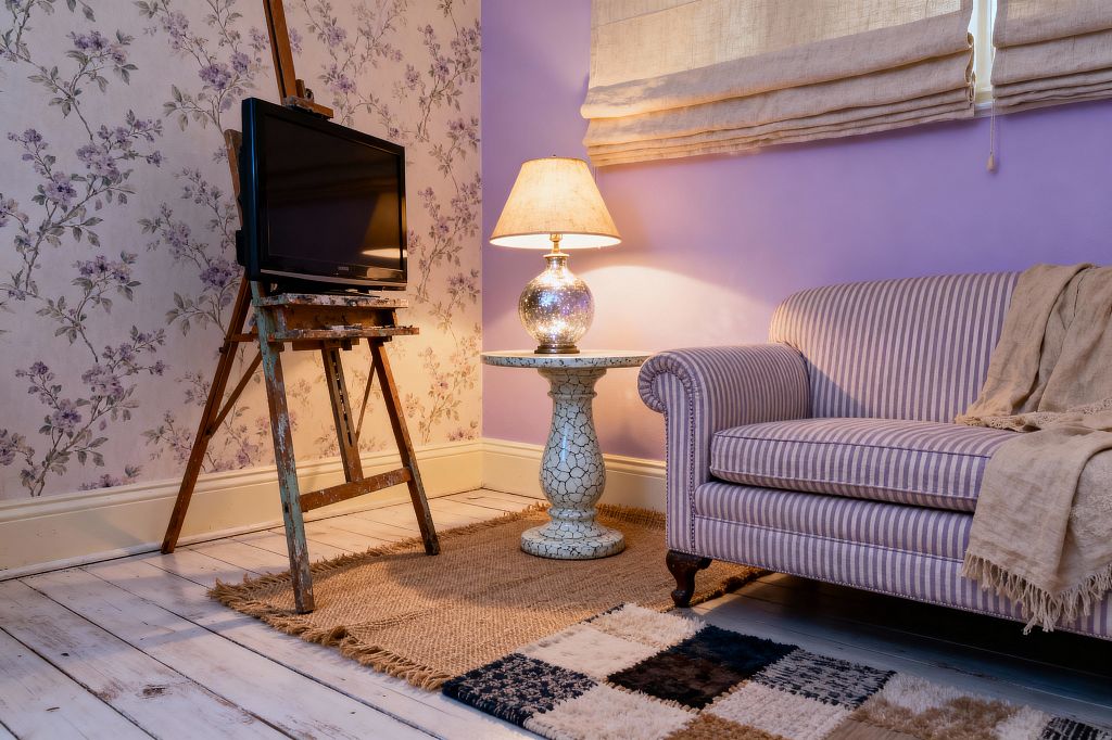 A cozy media corner with a lilac painted wall meeting floral wallpaper, whitewashed wood floors, and a lavender-and-cream striped loveseat draped with a beige throw. A rustic, paint-chipped wooden easel holds the television beside a crackle-finish pedestal side table topped with a glowing mercury glass lamp; layered jute and patchwork rugs soften the floor, while linen Roman shades filter light from a nearby window.