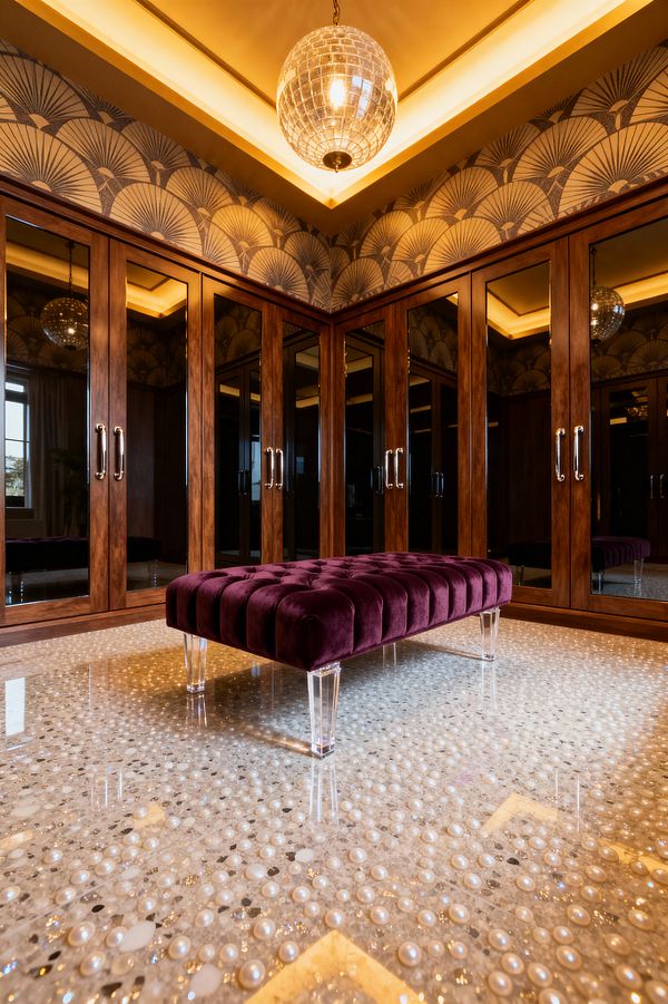 A glamorous mudroom features walnut-framed mirrored wardrobes along two walls and a low, channel-tufted bench upholstered in deep plum velvet, set on clear acrylic legs over a pearlescent, bead-studded resin terrazzo floor. Warm cove lighting and a mirrored globe pendant reflect across Art Deco fan wallpaper, casting a golden glow on polished nickel pulls and the glossy surfaces.