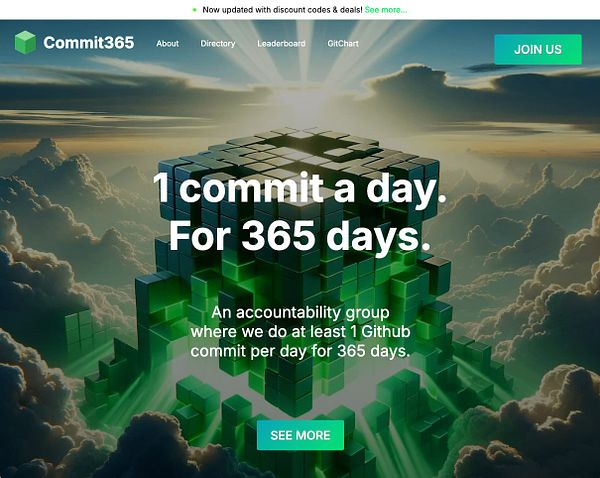 The image features a promotional webpage for Commit365, highlighting a commitment to daily GitHub contributions.