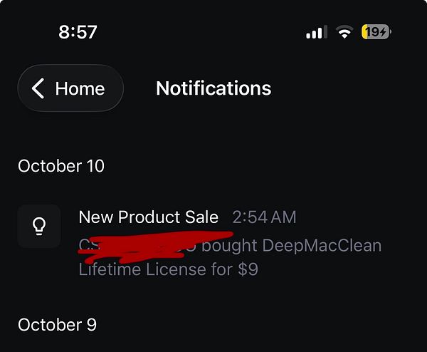 Notification of a new product sale for DeepMacClean Lifetime License at $9 on October 10.