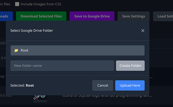 A dialog box for selecting a Google Drive folder is displayed.