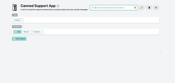 The image displays a user interface for a Canned Support App designed for customer support professionals.