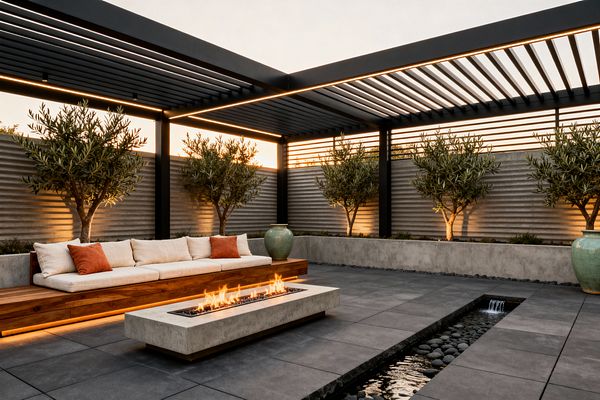 A contemporary outdoor lounge features a matte-black louvered pergola with linear LED lighting. A long built-in hardwood bench with cream cushions and rust pillows faces a low rectangular cast-concrete fire pit. The floor is large charcoal concrete pavers, bisected by a narrow water rill filled with smooth river stones and a small spout. Olive trees line raised concrete planters before corrugated metal fencing, all softly uplighted at dusk. Two green ceramic urns sit at the corners.