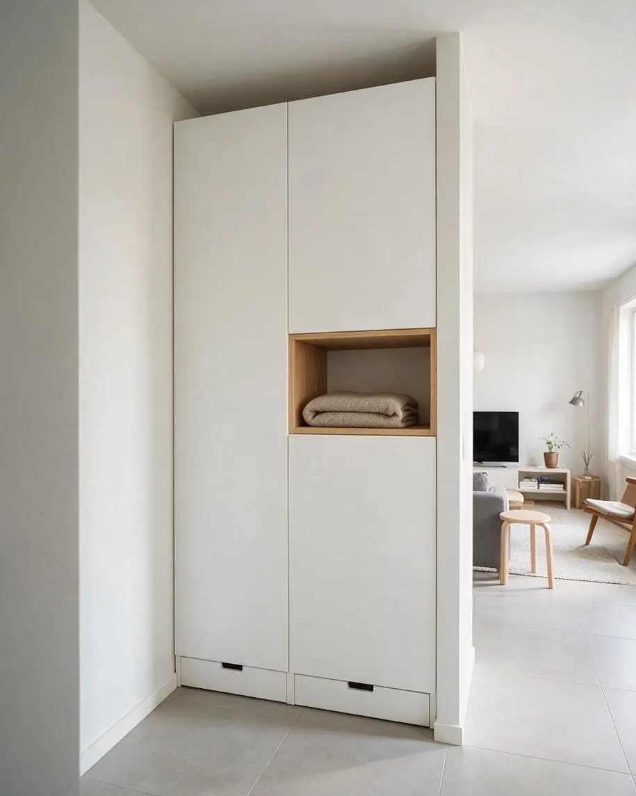 A minimalist built-in closet with flat matte white doors and a warm wood open niche holding folded towels. The closet is set into a wall alcove with small bottom drawers and black cutout pulls, beside a bright living area with light flooring and neutral furnishings.