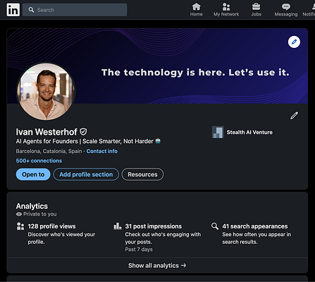 The image displays a LinkedIn profile of Ivan Westerhof, highlighting his professional details and analytics.