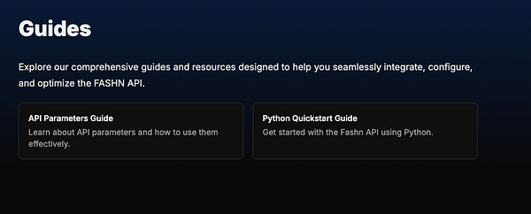 The image displays a section of a website dedicated to guides for the Fashn API.