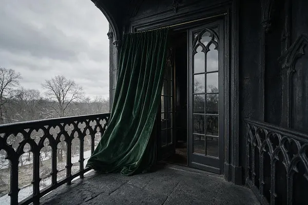 A dark Gothic-style balcony or exterior landing with pointed-arch openings, black carved stone railings, and tall French doors. A heavy deep green velvet curtain hangs partly open beside the doorway, with a wintry landscape and bare trees visible beyond the balcony.