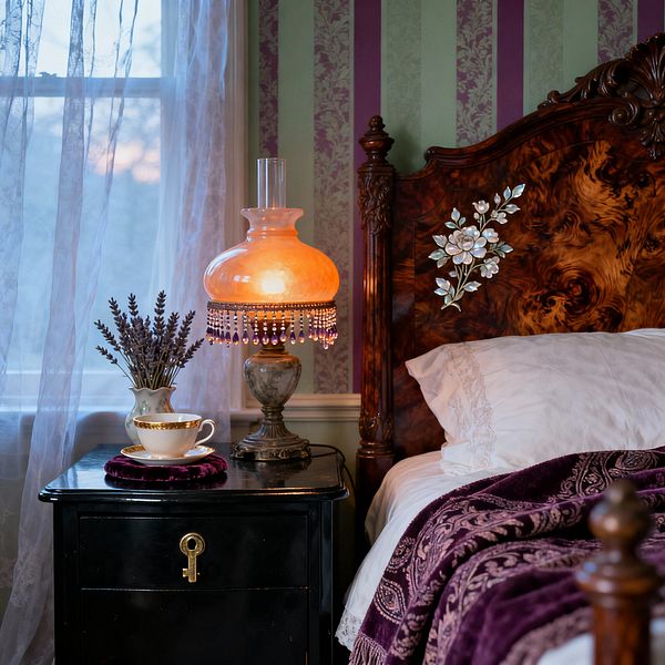 Close-up of a Victorian-style bedroom shows a carved burlwood headboard with floral inlay and turned post, a white lace-edged pillow, and a plum velvet damask blanket. Beside the bed, a glossy black nightstand with a brass keyhole supports a glowing glass oil lamp with purple beaded fringe, a porcelain teacup on a velvet coaster, and a small vase of lavender, set against green-and-plum striped damask wallpaper and a window with sheer lace curtains.