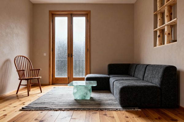 A minimalist Scandinavian living room with knotty wood floors and warm beige plaster walls. An L-shaped charcoal-gray modular sofa sits on a soft gray striped flatweave rug, paired with a sculptural, translucent green cast-glass coffee table. To the left, a Windsor-style wooden chair faces tall French doors framed in natural wood with textured glass that diffuses daylight. A recessed wall niche displays peeled log posts with simple wooden shelves, creating a warm, neutral space defined by natural materials and clean lines.