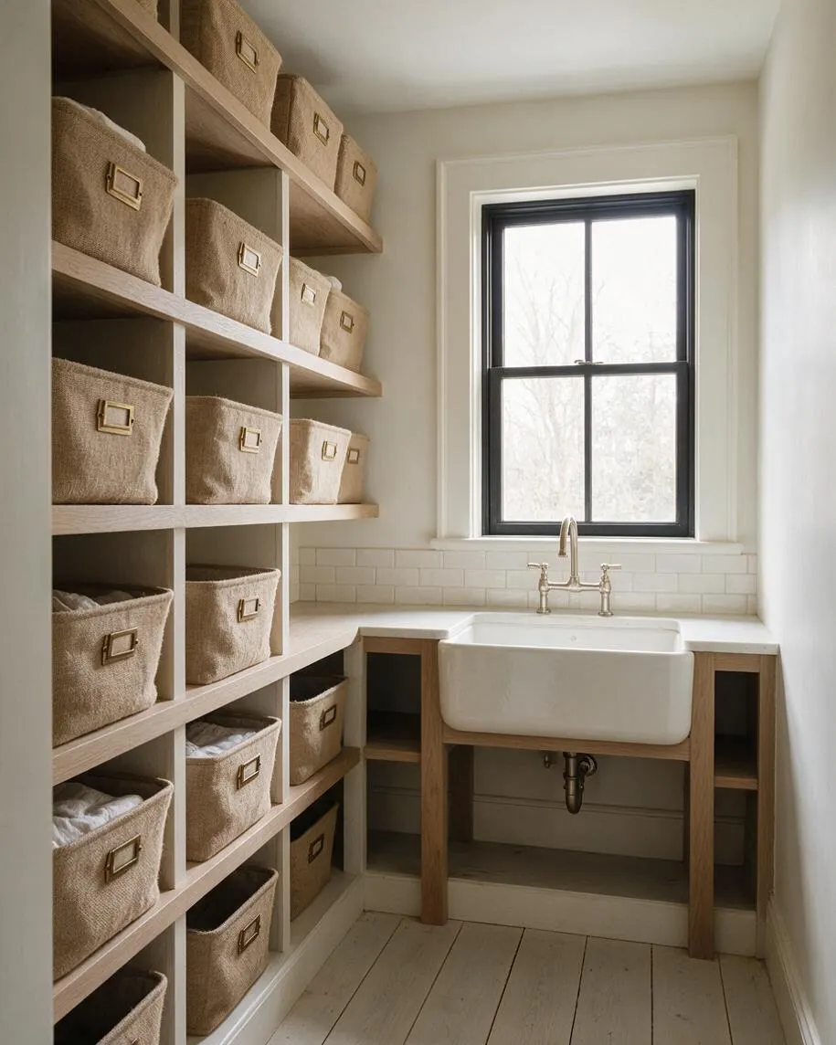 A narrow farmhouse-style closet with built-in open shelving on the left, filled with beige fabric storage bins with brass label pulls. At the end of the space is a white utility sink set into a light wood counter beneath a black-trimmed window, with white tile backsplash and pale painted floorboards.