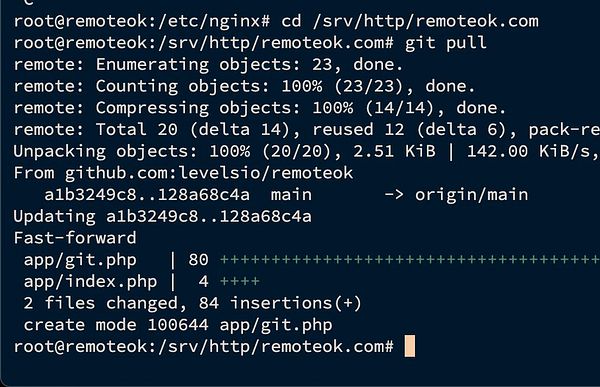 The image displays a terminal interface showing the output of a Git pull command executed on a VPS.