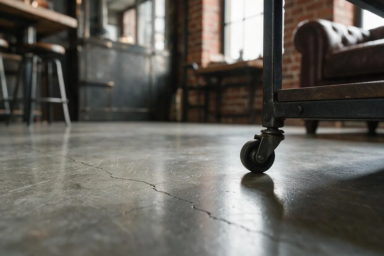 A low-angle view of an industrial-style room featuring a smooth, polished concrete floor with visible cracks and subtle sheen. Black metal furniture legs on caster wheels sit in the foreground, with exposed brick walls, tall windows, and dark leather seating blurred in the background.