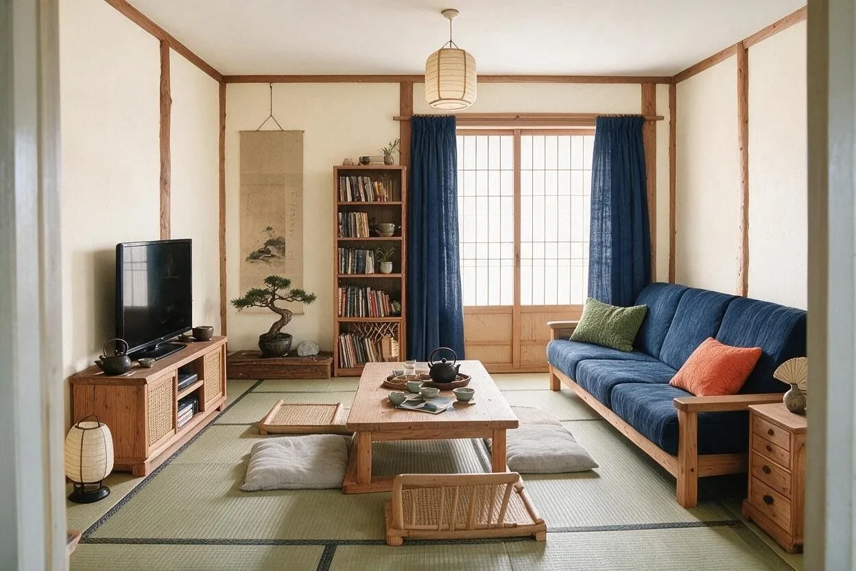 The same Japanese living room in the Indigo palette: cream, indigo, cedar, pale gray, and persimmon
