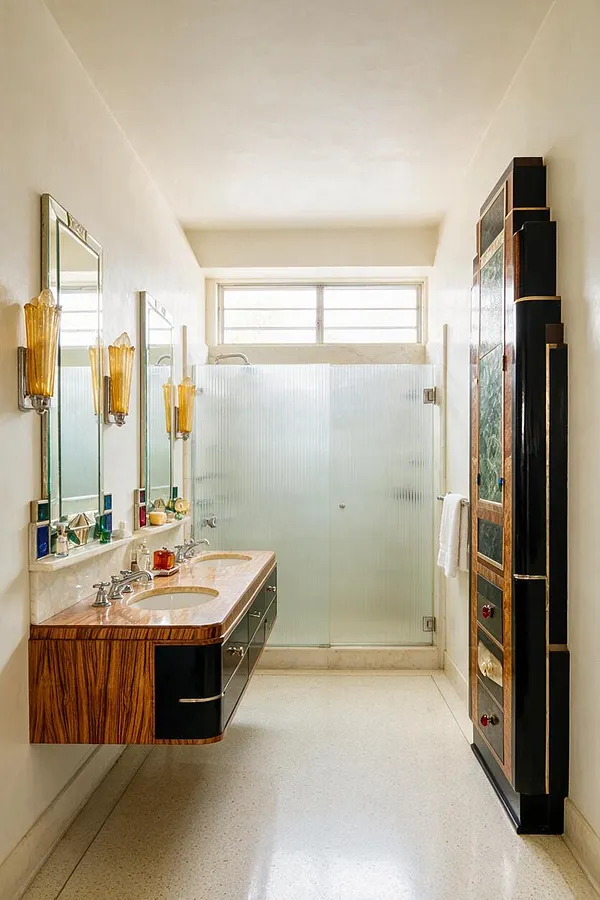 A narrow master bathroom with an Art Deco feel, featuring a floating double-sink vanity in wood veneer, black lacquer, and marble. Amber glass sconces, framed mirrors, a frosted glass shower enclosure, and a tall matching cabinet create a glamorous, symmetrical look.