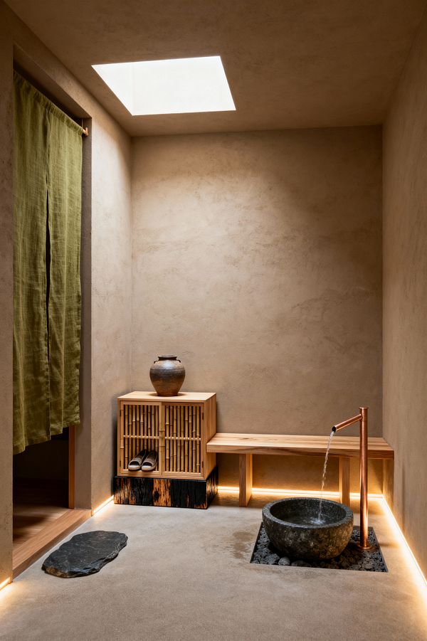 A serene mudroom with sand-colored plaster walls is lit by a square skylight and soft floor-level LED strips. A light wood bench meets a bamboo-slatted shoe cabinet on a charred base with a ceramic vessel on top. At right, a copper spout pours into a carved stone basin recessed in black river stones. An olive-green noren hangs in the doorway and a single dark stepping stone rests on the smooth floor, creating a minimalist Japanese Zen entry.