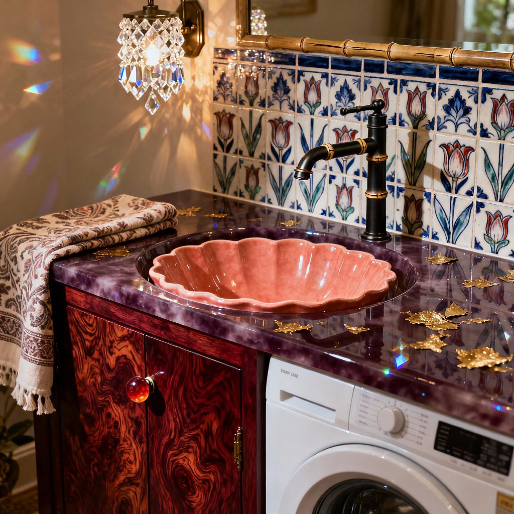 A maximalist laundry nook features a white front-loading washer beneath a glossy amethyst-purple countertop inlaid with gold leaf. A scalloped pink ceramic vessel sink sits beside a matte black faucet with brass bands, backed by white ceramic tiles painted with blue and red tulip motifs. A crystal wall sconce casts rainbow reflections, while a red burl-wood cabinet and patterned towel add warmth and texture.