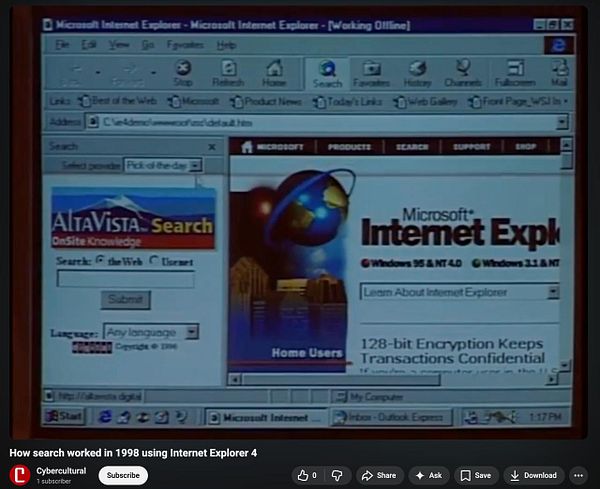 Screenshot of Microsoft Internet Explorer 4 search interface from 1997 showing search categories and query options.