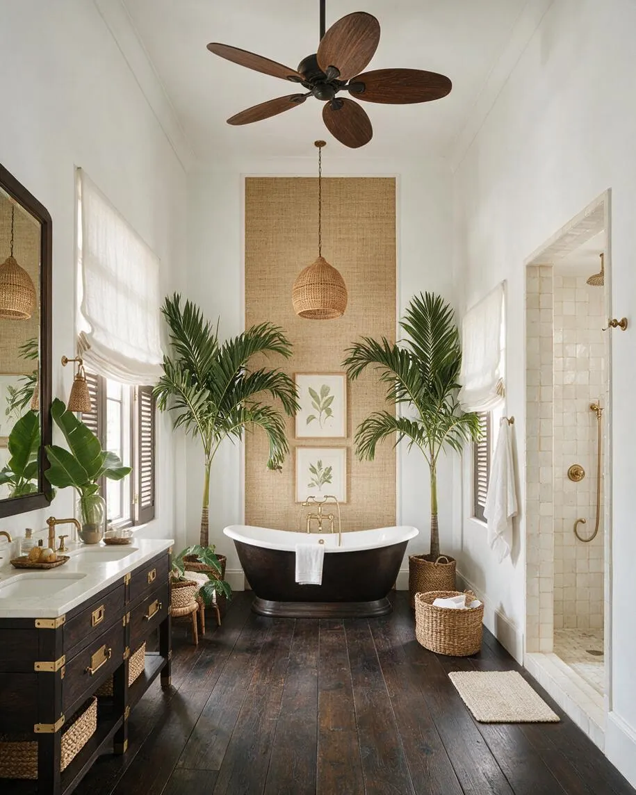 A tropical-style master bathroom with a freestanding black-and-white tub centered against a woven-texture accent wall, flanked by tall palm plants and framed botanical art. The room features dark wood floors, a black vanity with a white countertop, brass fixtures, woven pendant lighting, and a glass shower with light tile.
