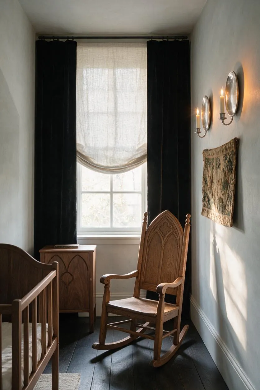 A narrow nursery with a dramatic Gothic feel features a wooden crib edge in the foreground, a carved wooden rocking chair, and a small matching cabinet beneath a window. Black velvet curtains frame a sheer Roman shade, while candle-style wall sconces, a woven tapestry, and dark painted floorboards add an old-world, moody atmosphere.