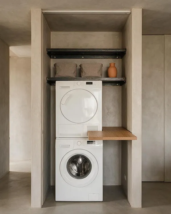 A compact laundry room in a Brutalist style features stacked white washer and dryer units recessed into a raw, concrete-toned alcove. Black metal shelves hold neutral storage bins and a terracotta vase, while a small wood folding shelf adds warmth against the stark, minimalist finish.
