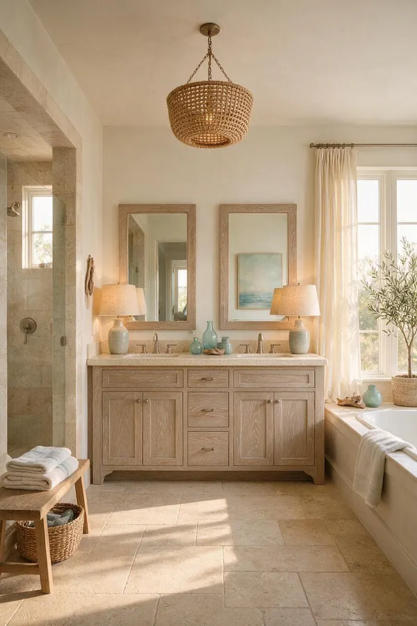 A serene coastal master bathroom with a light wood double vanity, twin mirrors, and woven pendant lighting. Soft beige stone floors, a freestanding tub by a bright window, and natural textures create a warm, sunlit spa-like space.