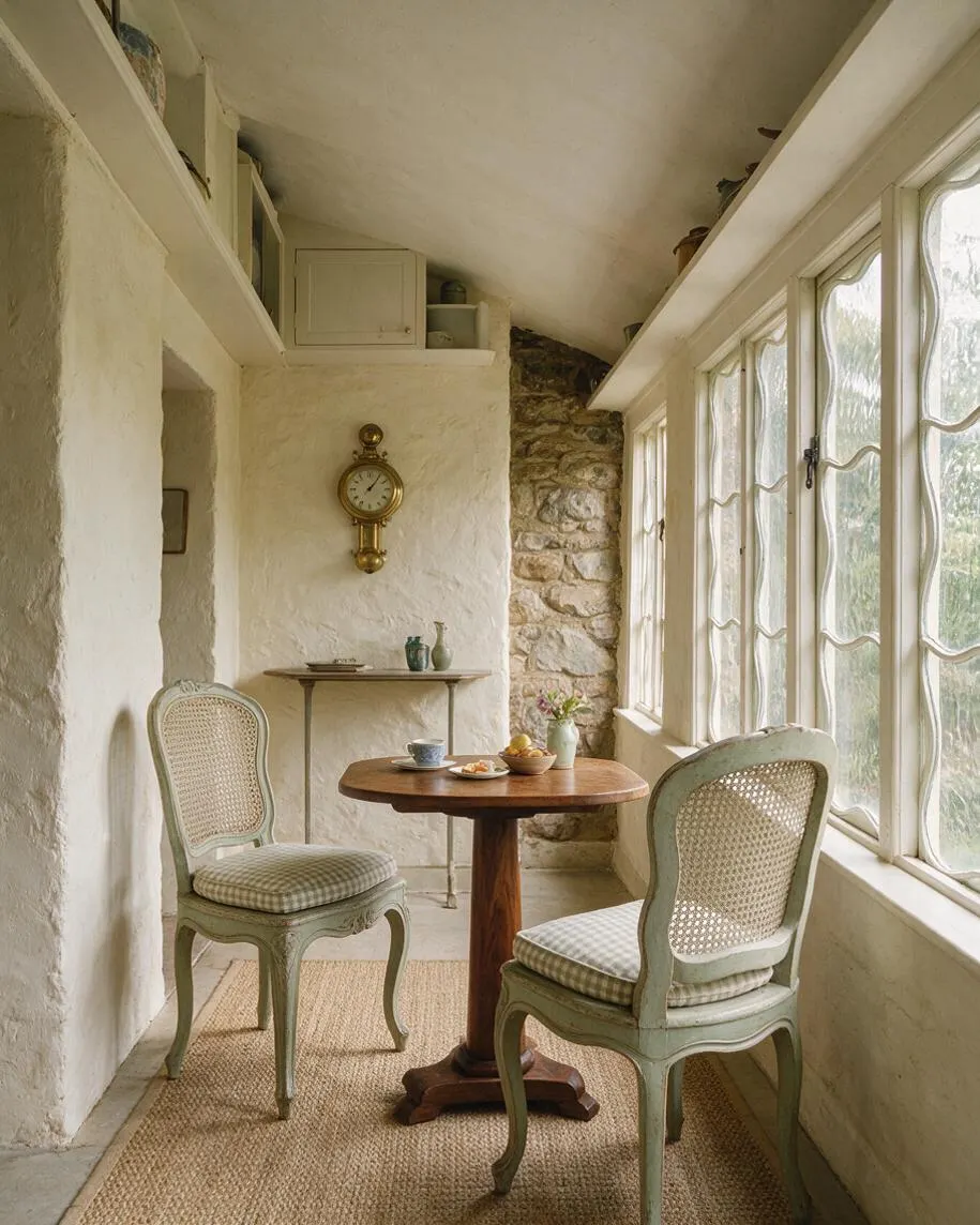 A narrow sunroom with textured cream plaster walls, a stone accent wall, and a row of white-framed windows on the right. Two pale sage cane-back chairs with checked cushions flank a small round wooden table on a woven jute rug, creating a quiet French Country breakfast nook.