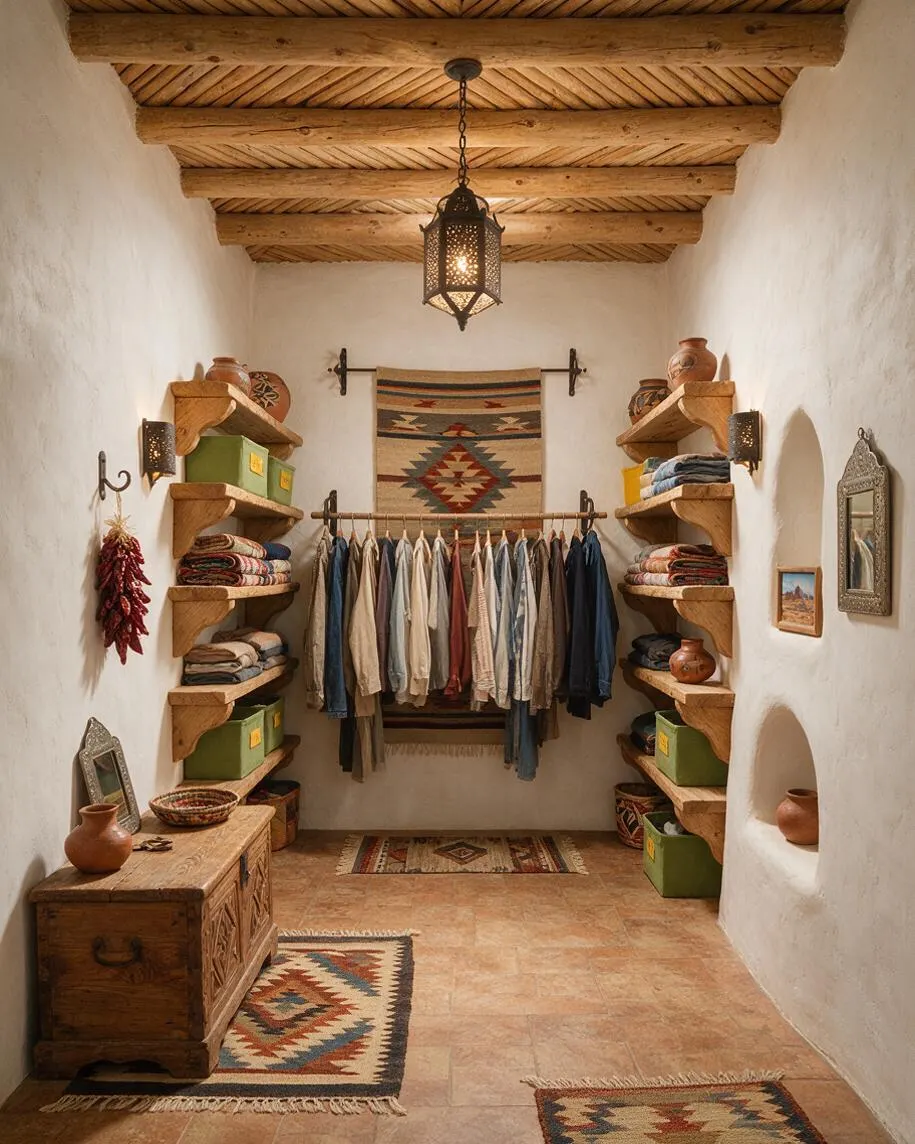 A narrow Southwestern-style closet with white adobe walls, a ceiling of exposed log beams and woven wood slats, and a hanging lantern centered overhead. Open wooden shelves on both sides hold folded clothes, baskets, and pottery, while a rod at the back displays hanging garments beneath a geometric woven wall hanging and small patterned rugs on the tiled floor.