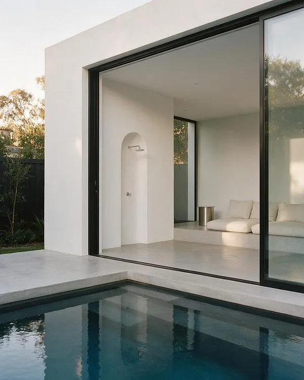 A minimalist backyard features a rectangular swimming pool beside a smooth concrete patio and a white stucco structure with large black-framed sliding glass doors. Inside, a low built-in lounge with cream cushions and a small metal side table sits beside a recessed outdoor shower niche, with soft greenery visible around the perimeter.