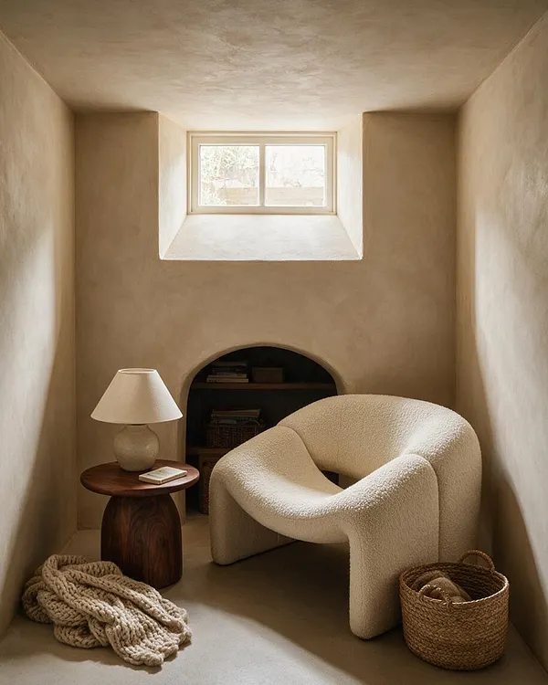 A small basement reading nook with smooth beige plaster walls, a centered window, and a curved cream bouclé chair. A dark wood side table with a ceramic lamp sits beside an arched alcove, while a chunky knit throw and woven basket add natural texture.