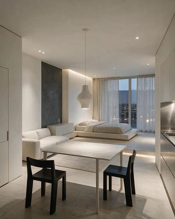 A minimalist studio apartment with a low platform bed near floor-to-ceiling windows, a white sofa, a pale rectangular dining table, and two black chairs. Soft neutral walls, sheer curtains, and recessed ceiling lights create a calm, airy atmosphere with a city view at dusk.
