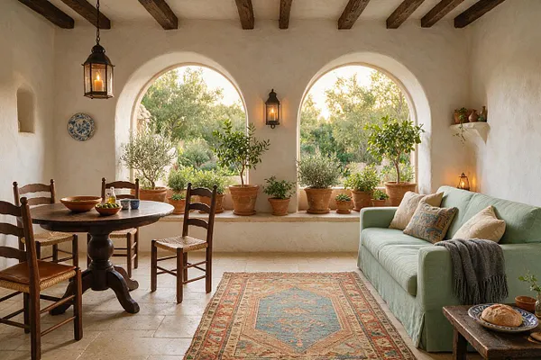 A Mediterranean-style studio apartment with white plaster walls, exposed dark wood ceiling beams, and two large arched windows filled with terracotta potted plants. The space includes a round rustic wood dining table with woven chairs, a pale green sofa with neutral cushions, a patterned area rug, and warm lantern-style wall and hanging lights.